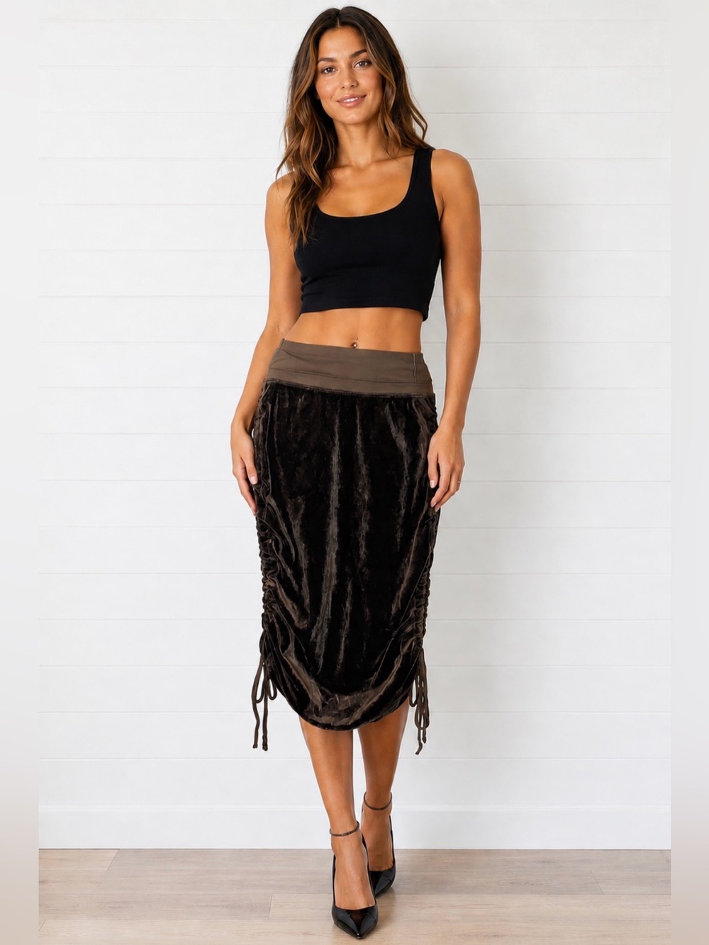 Hard Tail Forever XS Dark Green Velvet Ruched Drawstring Midi Skirt NWT
